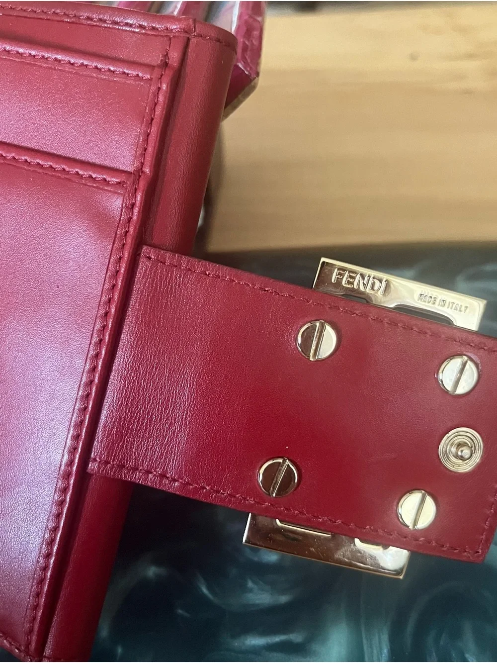 Fendi FF Logo Red Leather compact Wallet with Gold Logo Buckle